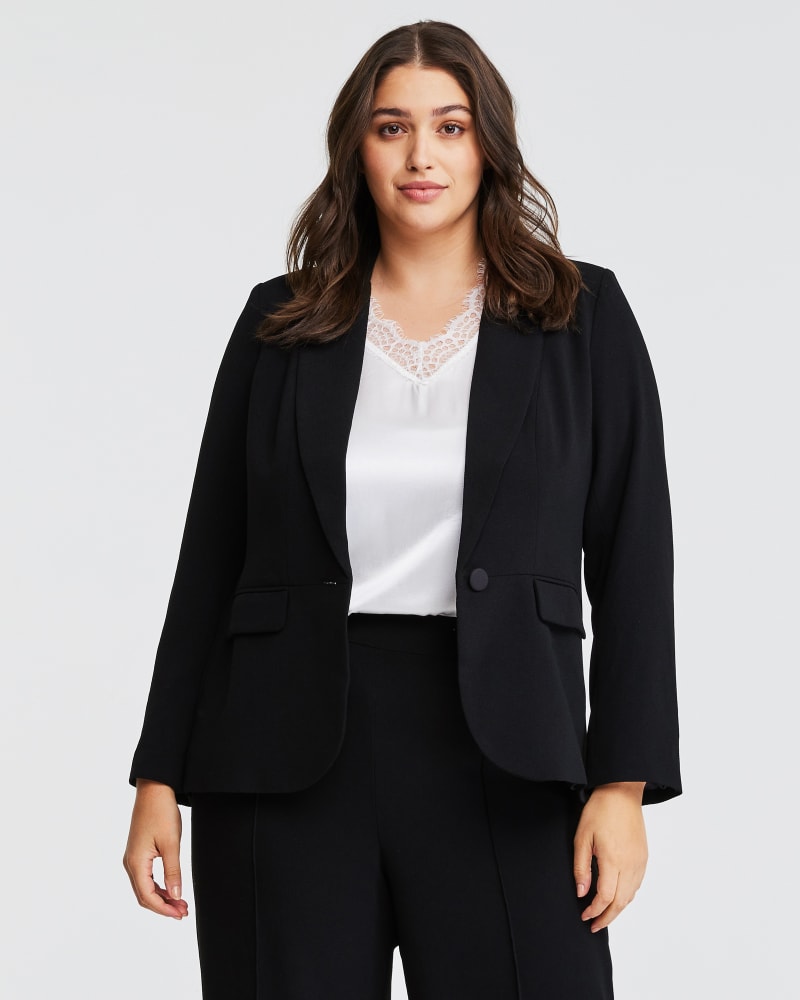 Front of a model wearing a size 18W Megan Blazer in Black by Estelle. | dia_product_style_image_id:309603